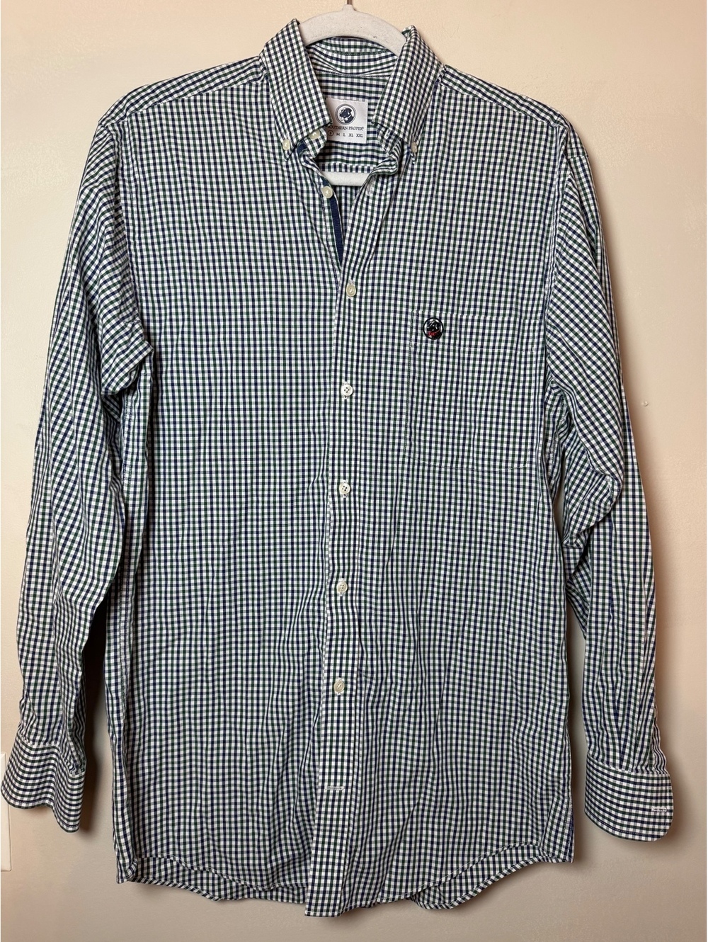 Southern Proper Men's Long Sleeve Button-Down Shirt Green Navy Check Size S